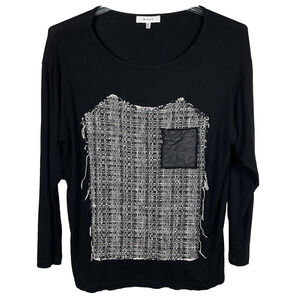 Milly T Shirt Top Size M Black Tweed Panel Wool Blend Knit Lambskin Pocket USA